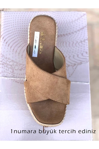 Dolgu Hasır Topuk Terlik Süet Siyah Nude - Resim 6