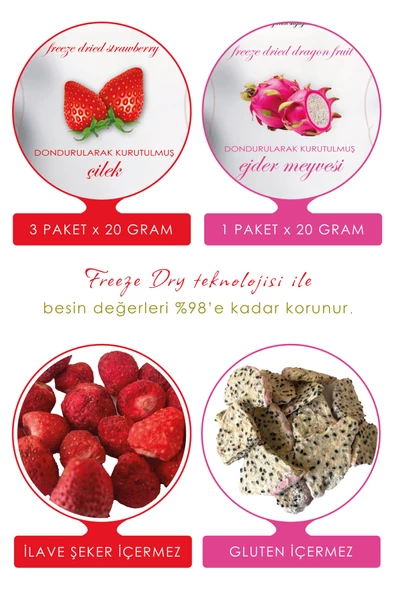 Dondurularak Kurutulmuş Çilek ve Beyaz Ejder Meyvesi - Freeze Dried Çilek (3 x 20 g) + Beyaz Ejder Meyvesi (1 x 20 g) - 2