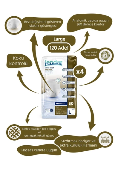 Jender Emici Külot Yetişkin Hasta Bezi Large 4 Paket 120 Adet - Resim 2