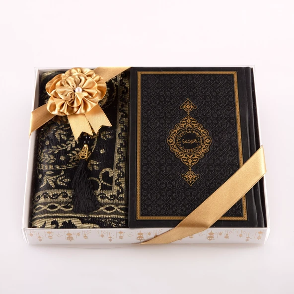 Kuran +  Seccade +  Tesbih Hediye Seti (Orta Boy, Termo Deri, Desenli Kutu, Siyah) - Resim 2