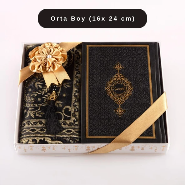 Kuran +  Seccade +  Tesbih Hediye Seti (Orta Boy, Termo Deri, Desenli Kutu, Siyah) ürün görseli 1