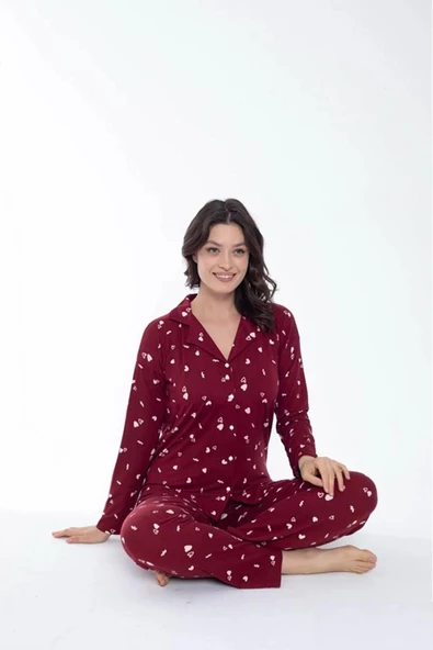 Kadın Gömlek Yaka Önden Düğmeli Mevsimlik Uzun Kol Pijama Takımı - 4