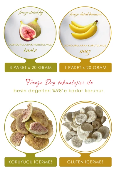 Dondurularak Kurutulmuş İncir ve Muz - Freeze Dried Dilim İncir (3 x 20 g) + Dilim Muz (1 x 20 g) - 2