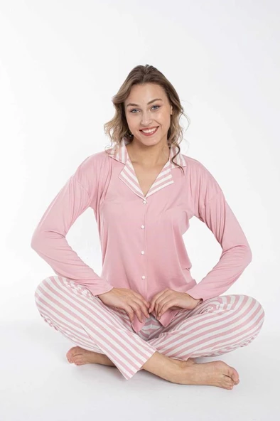 Kadın Gömlek Yaka Önden Düğmeli Mevsimlik Uzun Kol Pijama Takımı