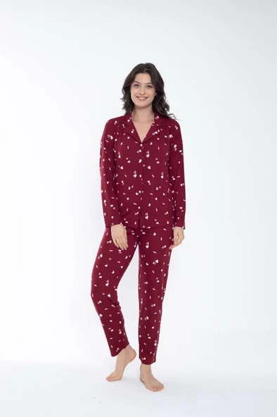 Kadın Gömlek Yaka Önden Düğmeli Mevsimlik Uzun Kol Pijama Takımı - 5