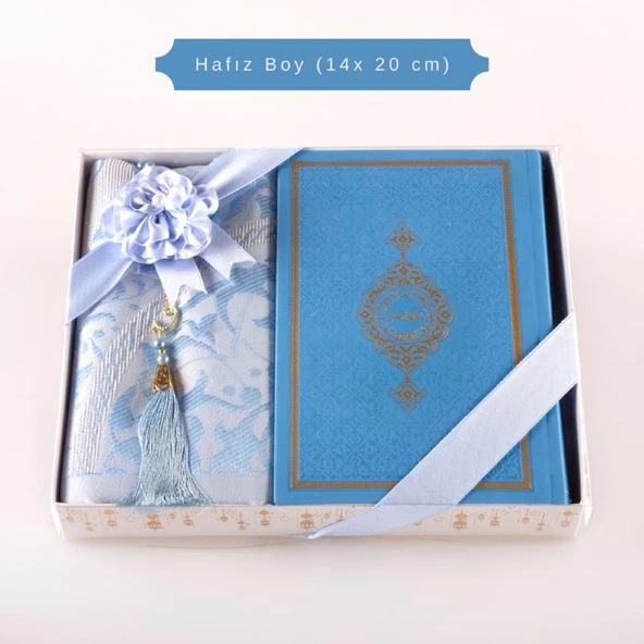 Kuran +  Seccade +  Tesbih Hediye Seti (Hafız Boy, Termo Deri, Desenli Kutu, Açık Mavi) ürün görseli 1