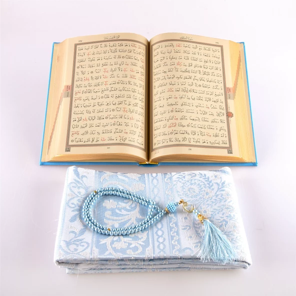 Kuran +  Seccade +  Tesbih Hediye Seti (Hafız Boy, Termo Deri, Desenli Kutu, Açık Mavi) - Resim 4