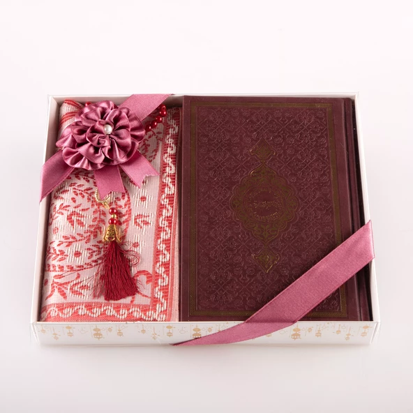 Kuran +  Seccade +  Tesbih Hediye Seti (Hafız Boy, Termo Deri, Desenli Kutu, Bordo) ürün görseli 1