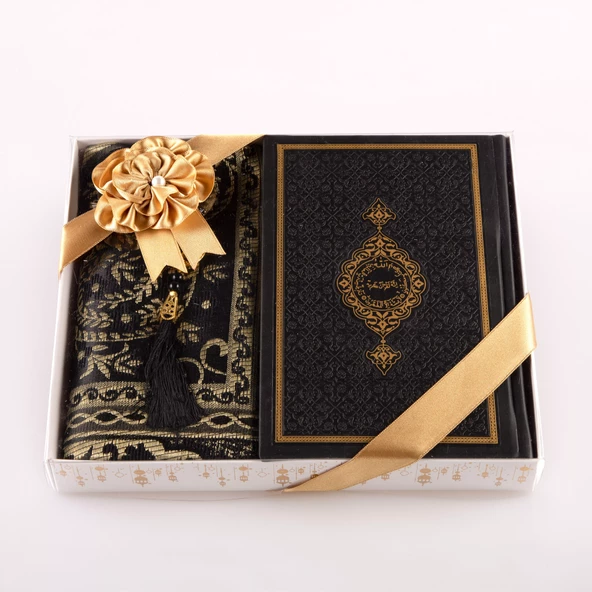 Kuran +  Seccade +  Tesbih Hediye Seti (Hafız Boy, Termo Deri, Desenli Kutu, Siyah) - Resim 2