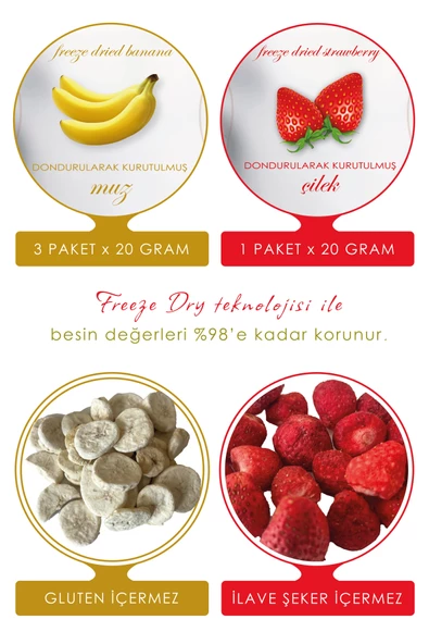 Dondurularak Kurutulmuş Muz ve Çilek - Freeze Dried Dilim Muz (3 x 20 g) + Tüm Çilek (1 x 20 g) - 2