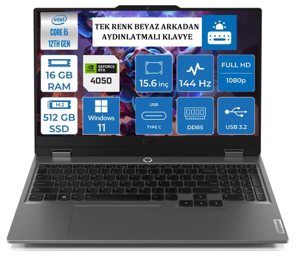 Lenovo LOQ 15IAX9 83GS007WTR16 Intel Core i5 12450HX 16GB 512GB SSD RTX 4050 Freedos 15.6 FHD Taşınabilir Bilgisayar