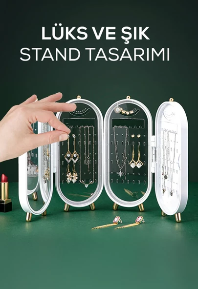 QASUL Takı Organizeri Toka Küpe Askılığı Katlanabilir 4 Bölmeli Aynalı Kolye Zincir Askısı Takı Kutusu