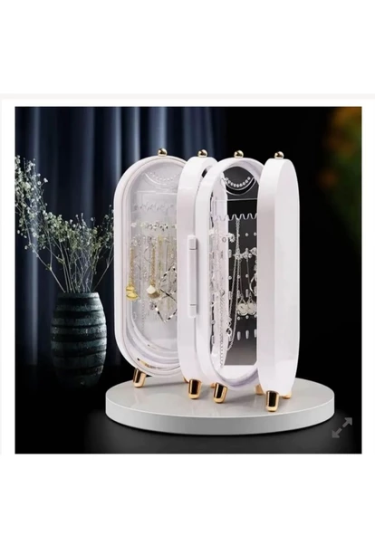 QASUL Takı Organizeri Toka Küpe Askılığı Katlanabilir 4 Bölmeli Aynalı Kolye Zincir Askısı Takı Kutusu - 4