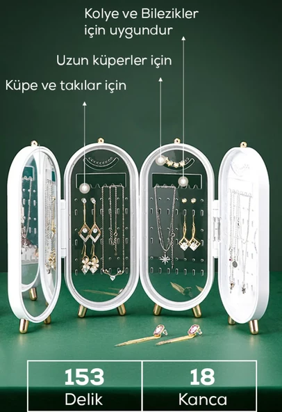 QASUL Takı Organizeri Toka Küpe Askılığı Katlanabilir 4 Bölmeli Aynalı Kolye Zincir Askısı Takı Kutusu - 2