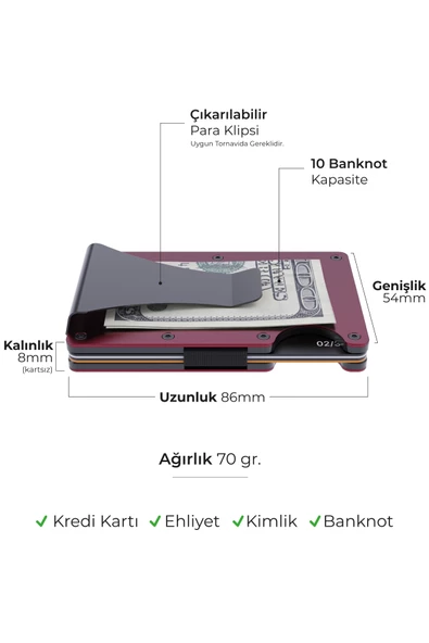 Louise Motto - Cardx - Burano Clips - Yeni Nesil Minimalist Cüzdan & Metal Kartlık - Rfıd Koruma (WİNE RED) - 4