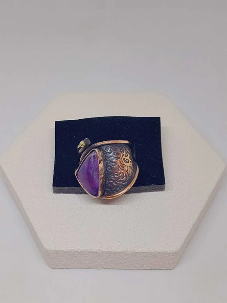 İri Boy Ametist Taşı Ayarlanabilir Bakır Yüzük (52720) - Resim 3