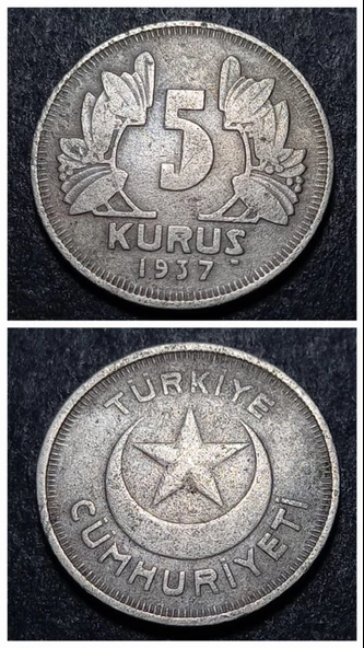 Escoines Koleksiyon 1937 5Kuruş ÇT/ÇÇT eski yerli madeni para ( 5 kuruş 1937 ) - 3996366a988dc3ac7f