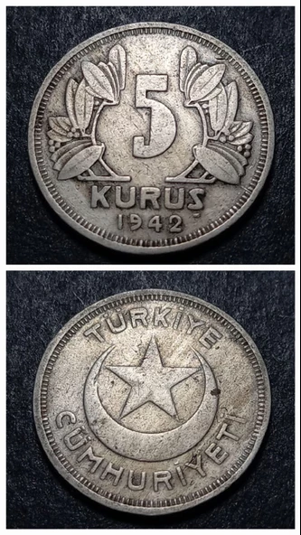 Escoines Koleksiyon 5kuruş 1942 ÇT/ÇÇT eski yerli madeni para ( 5 kuruş 1942) - 3996366a9721a24aa4