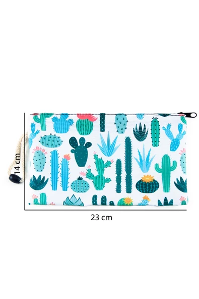 Kaktüs Çiçek Desenli Kalemlik Fermuarlı Makyaj Çantası Büyük Boy - 3