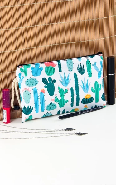 4'lü Set Kaktüs Desenli Sırt Çantası Kalemlik Makyaj Çantası Büyük Boy Makyaj Çantası - 4