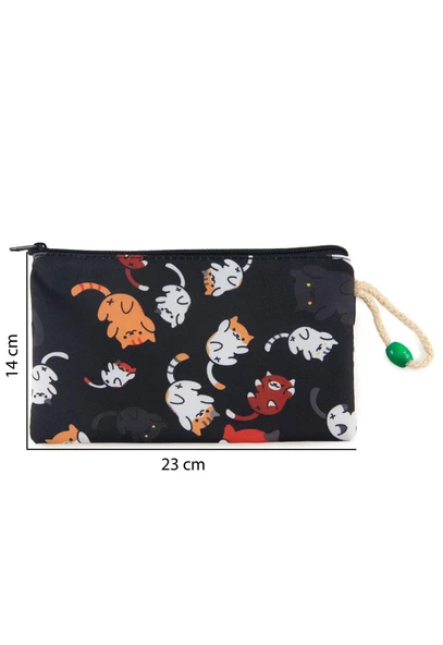 4'lü Set Kedi Desenli Sırt Çantası Kalemlik Makyaj Çantası Büyük Boy Makyaj Çantası - 4