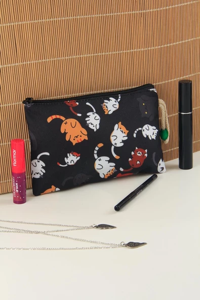 4'lü Set Kedi Desenli Sırt Çantası Kalemlik Makyaj Çantası Büyük Boy Makyaj Çantası - 5