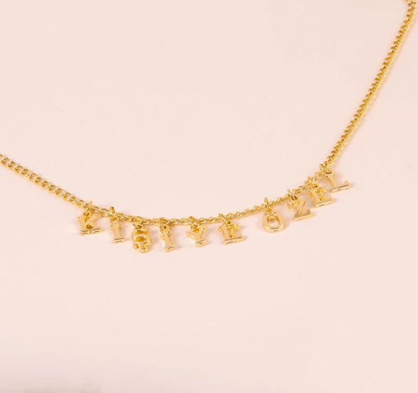 Kişiye Özel İsim Yazılı Gold Renkli Bijuteri 45cm Zincirli Kolye - 2