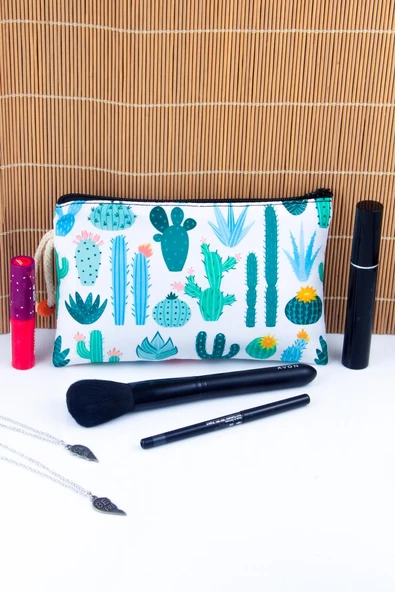 4'lü Set Kaktüs Desenli Sırt Çantası Kalemlik Makyaj Çantası Büyük Boy Makyaj Çantası - 2