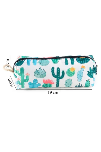 4'lü Set Kaktüs Desenli Sırt Çantası Kalemlik Makyaj Çantası Büyük Boy Makyaj Çantası - 9