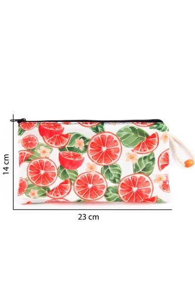 Portakal Meyve Desenli Kırmızı Beyaz Kalemlik Fermuarlı Makyaj Çantası Büyük Boy - 3