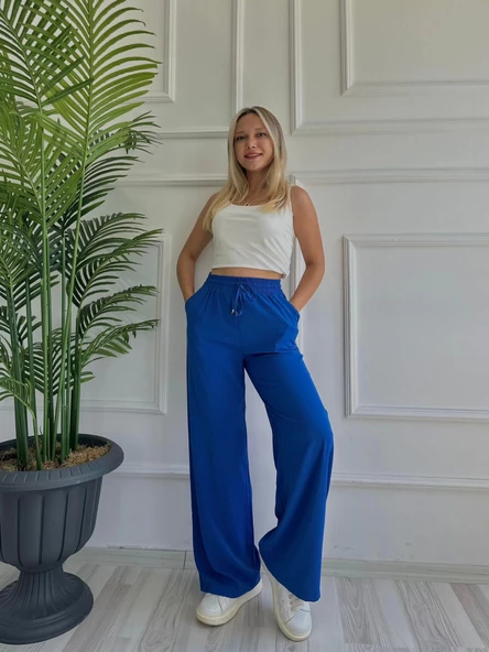 Kadın Bağlama Detaylı Pantolon Saks Mavisi - Resim 5