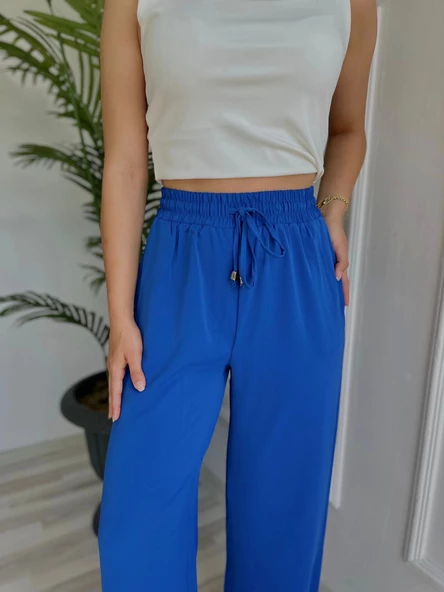 Kadın Bağlama Detaylı Pantolon Saks Mavisi - Resim 4