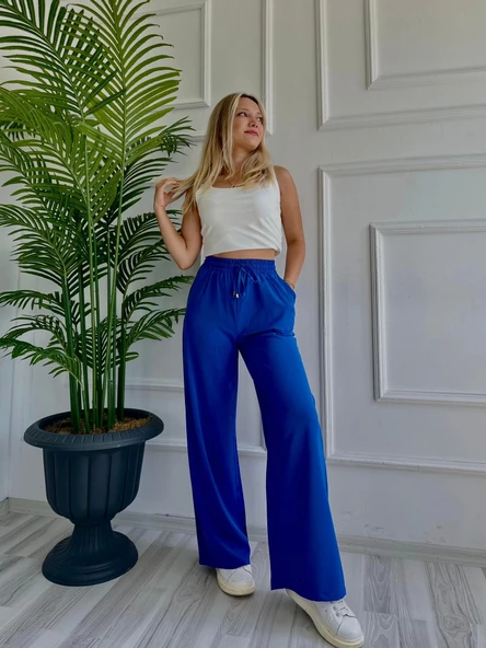 Kadın Bağlama Detaylı Pantolon Saks Mavisi - Resim 2
