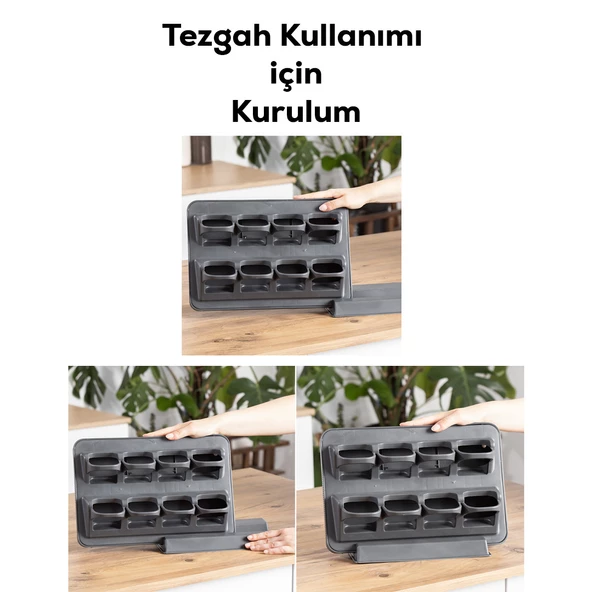 Porsima 1124 Standlı Kaydırmalı Kaşıklı 360° Döner Kapaklı Etiketli Baharatlık Seti - Erzak Saklama Kabı Antrasit - 6