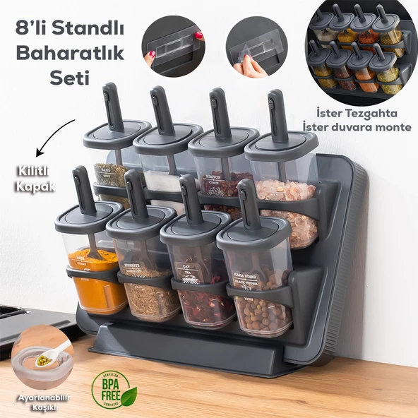 Porsima 1124 Standlı Kaydırmalı Kaşıklı 360° Döner Kapaklı Etiketli Baharatlık Seti - Erzak Saklama Kabı Antrasit - 2