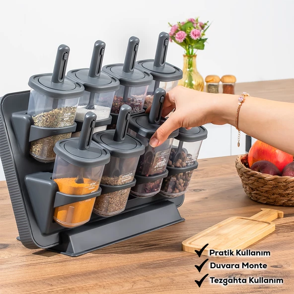 Porsima 1124 Standlı Kaydırmalı Kaşıklı 360° Döner Kapaklı Etiketli Baharatlık Seti - Erzak Saklama Kabı Antrasit - 3