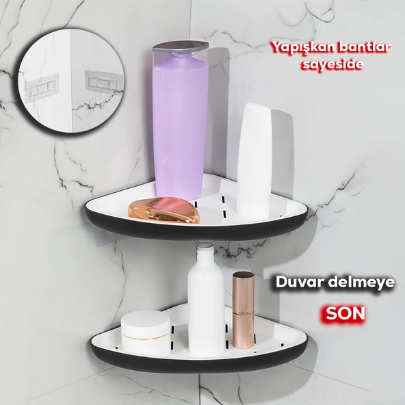 Porsima 0447 2'li İstiridye Banyo Köşe Rafı - Yapışkanlı Duş Rafı Banyo Düzenleyici Organizer - Siyah