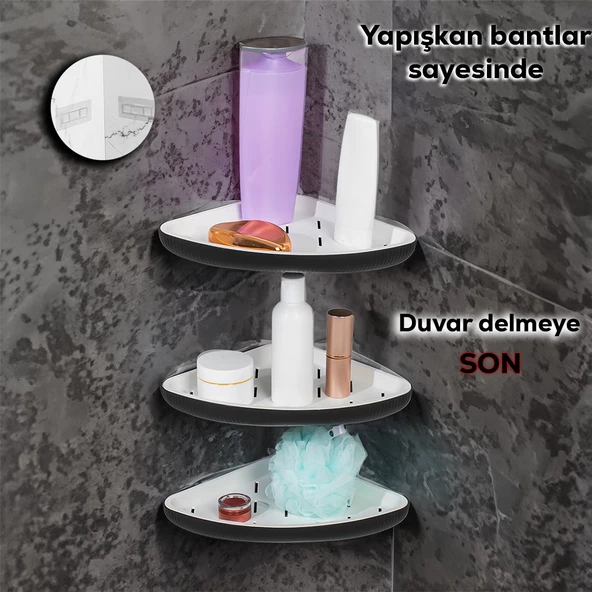 Porsima 0447 3'lü İstiridye Banyo Köşe Rafı - Yapışkanlı Duş Rafı Banyo Düzenleyici Organizer - Siyah