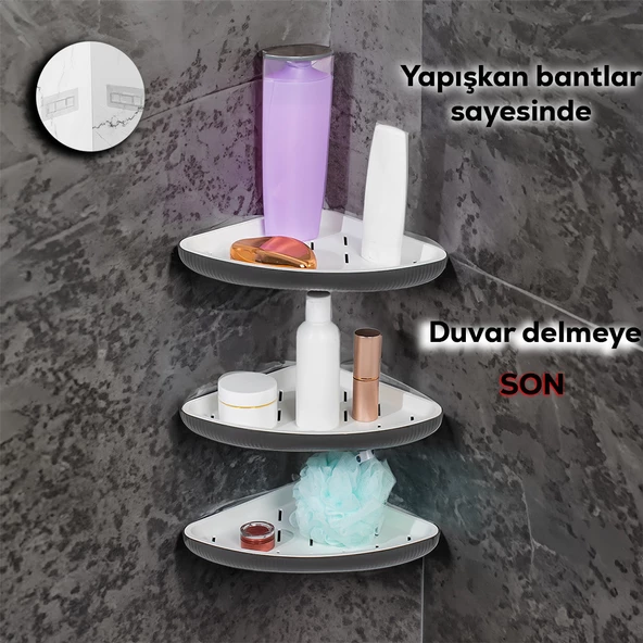Porsima 0447 3'lü İstiridye Banyo Köşe Rafı - Yapışkanlı Duş Rafı Banyo Düzenleyici Organizer - Antrasit