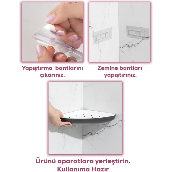 Porsima 0447 3'lü İstiridye Banyo Köşe Rafı - Yapışkanlı Duş Rafı Banyo Düzenleyici Organizer - Antrasit - 2
