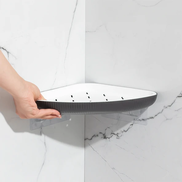 Porsima 0447 3'lü İstiridye Banyo Köşe Rafı - Yapışkanlı Duş Rafı Banyo Düzenleyici Organizer - Antrasit - 4