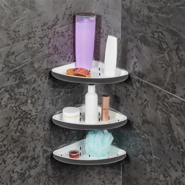 Porsima 0447 3'lü İstiridye Banyo Köşe Rafı - Yapışkanlı Duş Rafı Banyo Düzenleyici Organizer - Antrasit - 5