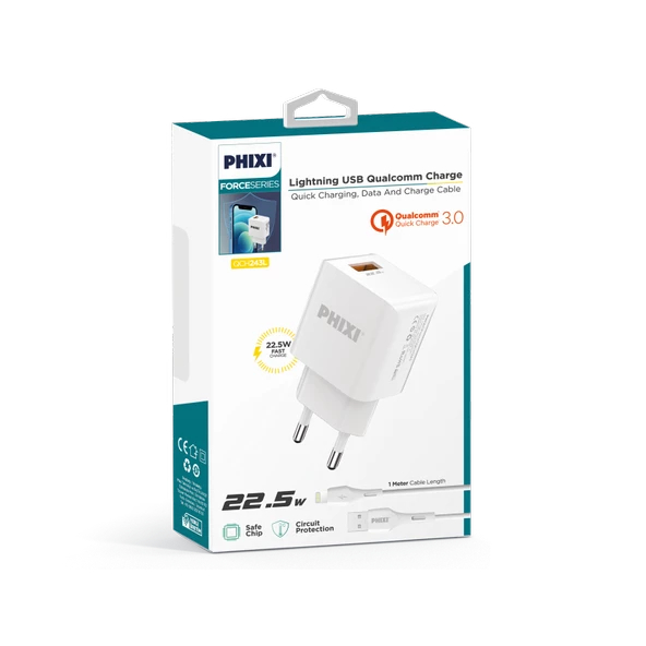 PHİXİ QCH243L FORCE AKIM KORUMALI 3.0A LIGHTNING USB KABLOLU ŞARJ CİHAZI - 3
