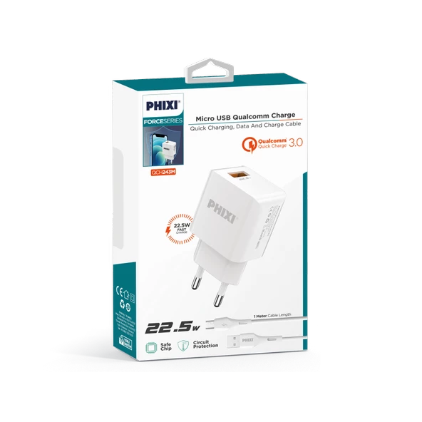 PHİXİ QCH243M FORCE AKIM KORUMALI 3.0A MİCRO USB KABLOLU ŞARJ CİHAZI - 3