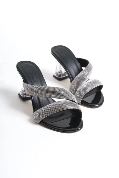 Miranda Kadın Siyah Çift Bant Taşlı Şeffaf Topuklu Şık Rahat Abiye Sandalet MIRANDA-1983 - Resim 4