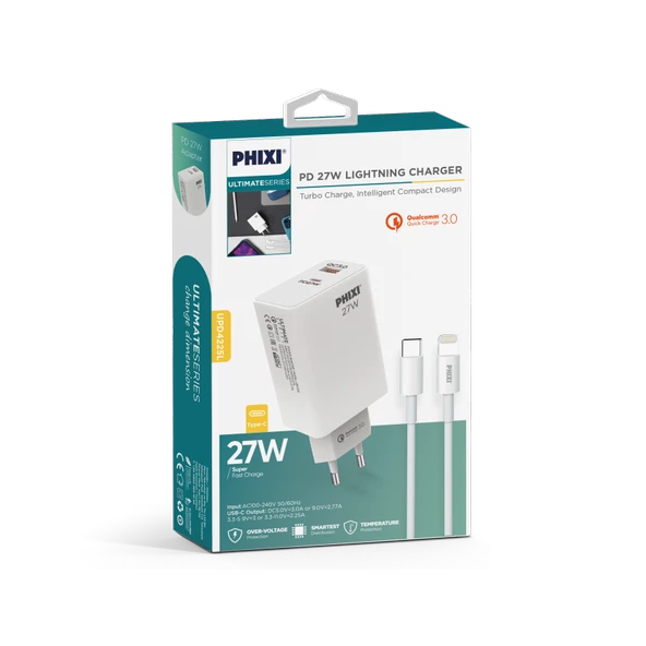 PHİXİ ULTİMATE UPD4225L 27W PD ÇİFT ÇIKIŞLI LIGHTNING HIZLI ŞARJ ADAPTÖRÜ - 3