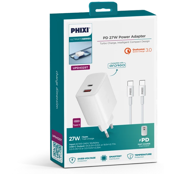 PHİXİ ULTİMATE UPD4325T 27W PD ÇİFT ÇIKIŞLI TYPE-C HIZLI ŞARJ CİHAZI - 3