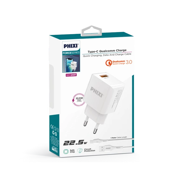 PHİXİ QCH243T FORCE AKIM KORUMALI 3.0A TYPE-C USB KABLOLU ŞARJ CİHAZI - 3