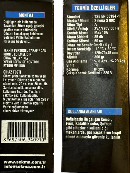 Sekma Doğal Gaz (Metan) Alarm Dedektörü S-092 (2 Adet) - 5