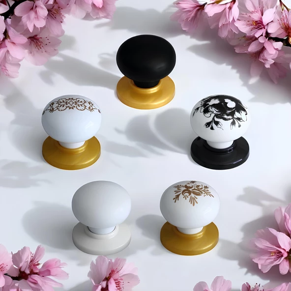 Polimer Düğme Beyaz Gold Kulp Desenli Tablalı Dolap Mobilya Mutfak Dolabı Çekmece Kulpu Kulbu 5 ADET - 6